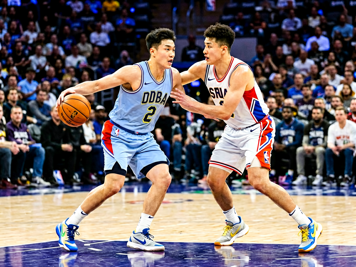 NBA赛事报道配图，球员在球场上激烈对抗，展现职业篮球的高水平竞技状态